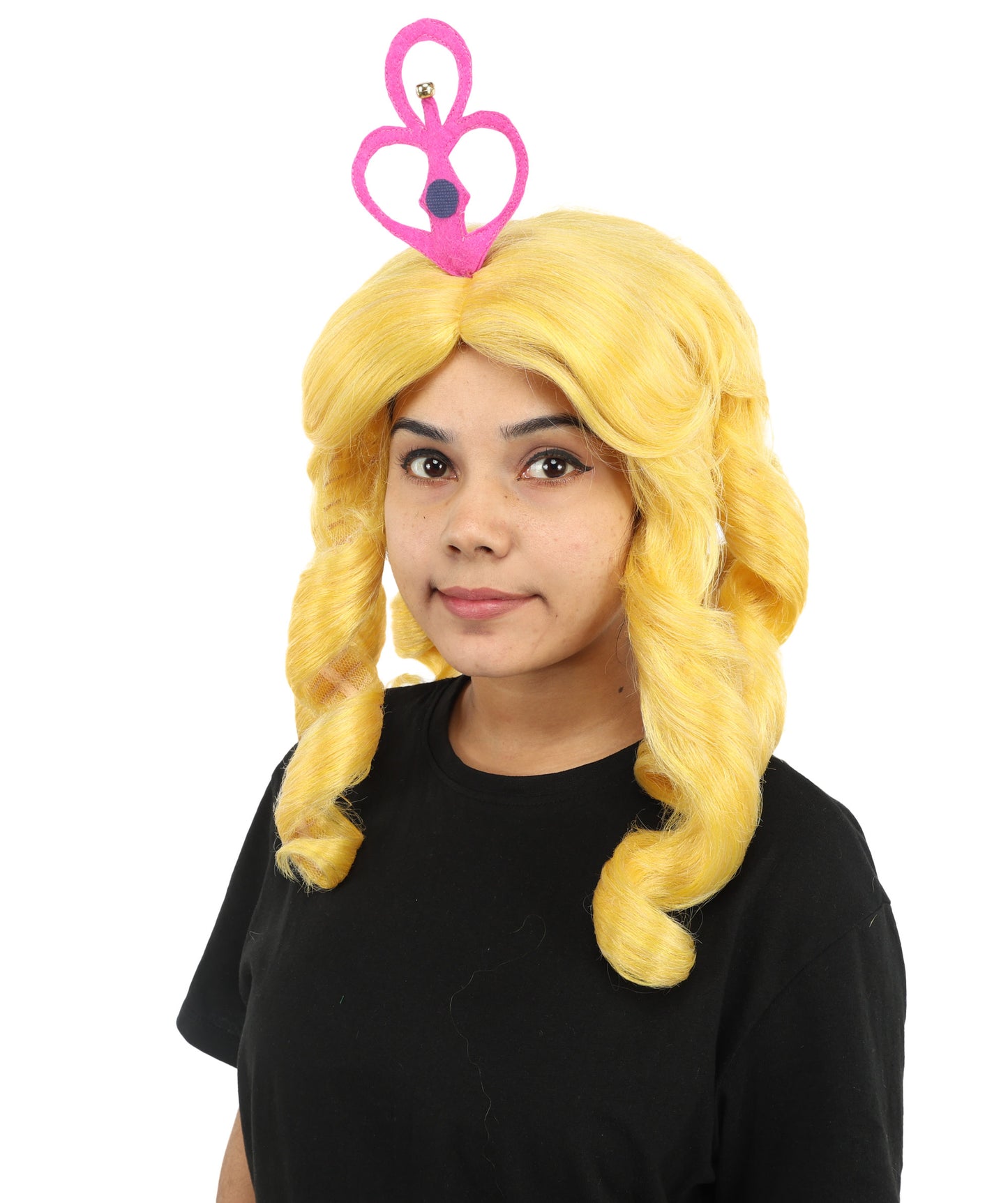 HPO Women's Magical Fairy Princess Wig | 13 Inch Yellow Sausage Curls Pink Tiara | Party Halloween Cosplay Theater Movie Costume Events