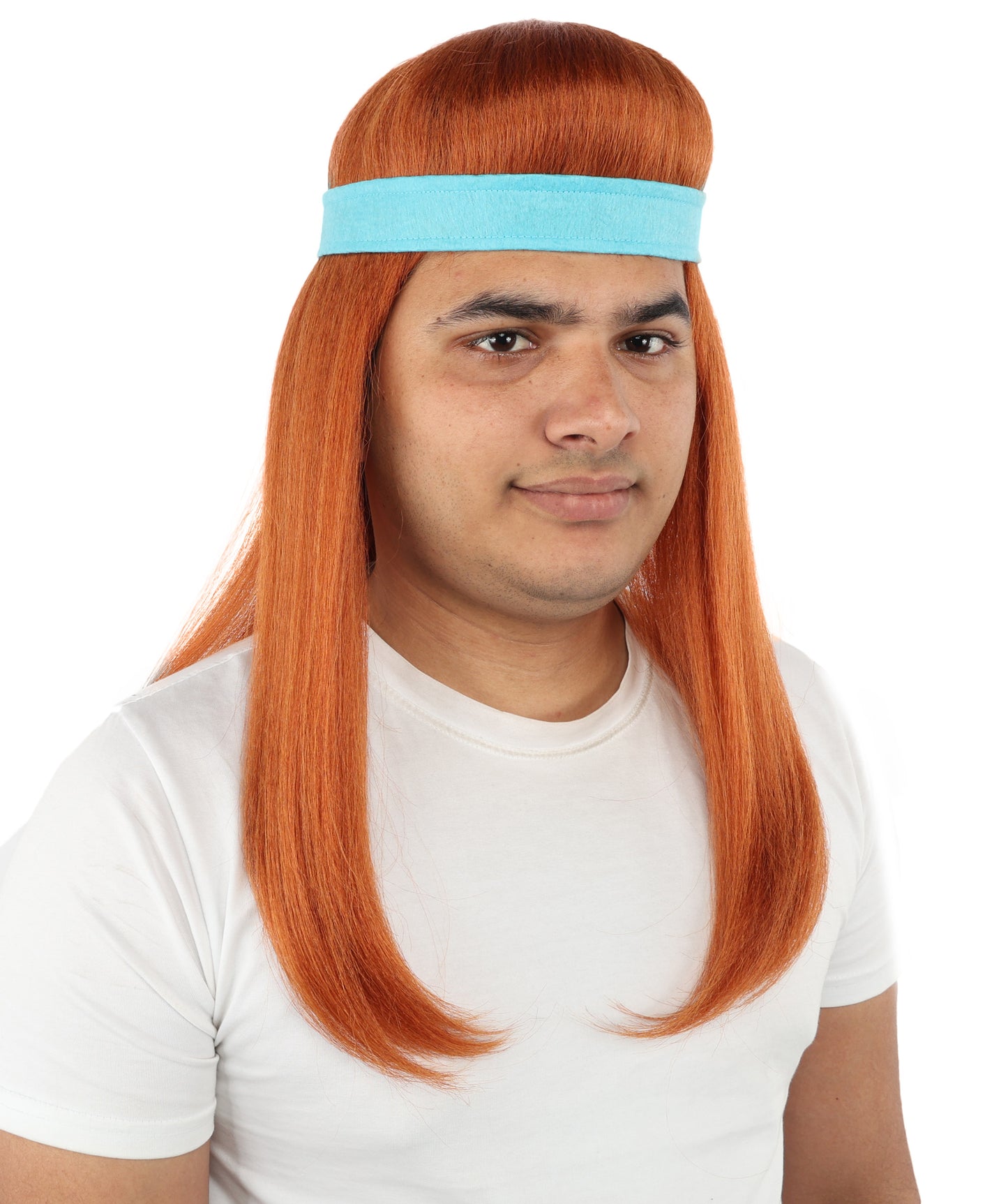 HPO Men's Long Auburn Wig with Headband | Straight Reddish Texture with Blunt Bangs & Included Teal Band, Heat Resistant Fiber | Halloween, Troll Roleplay, Fantasy Party, Carnival & Theater