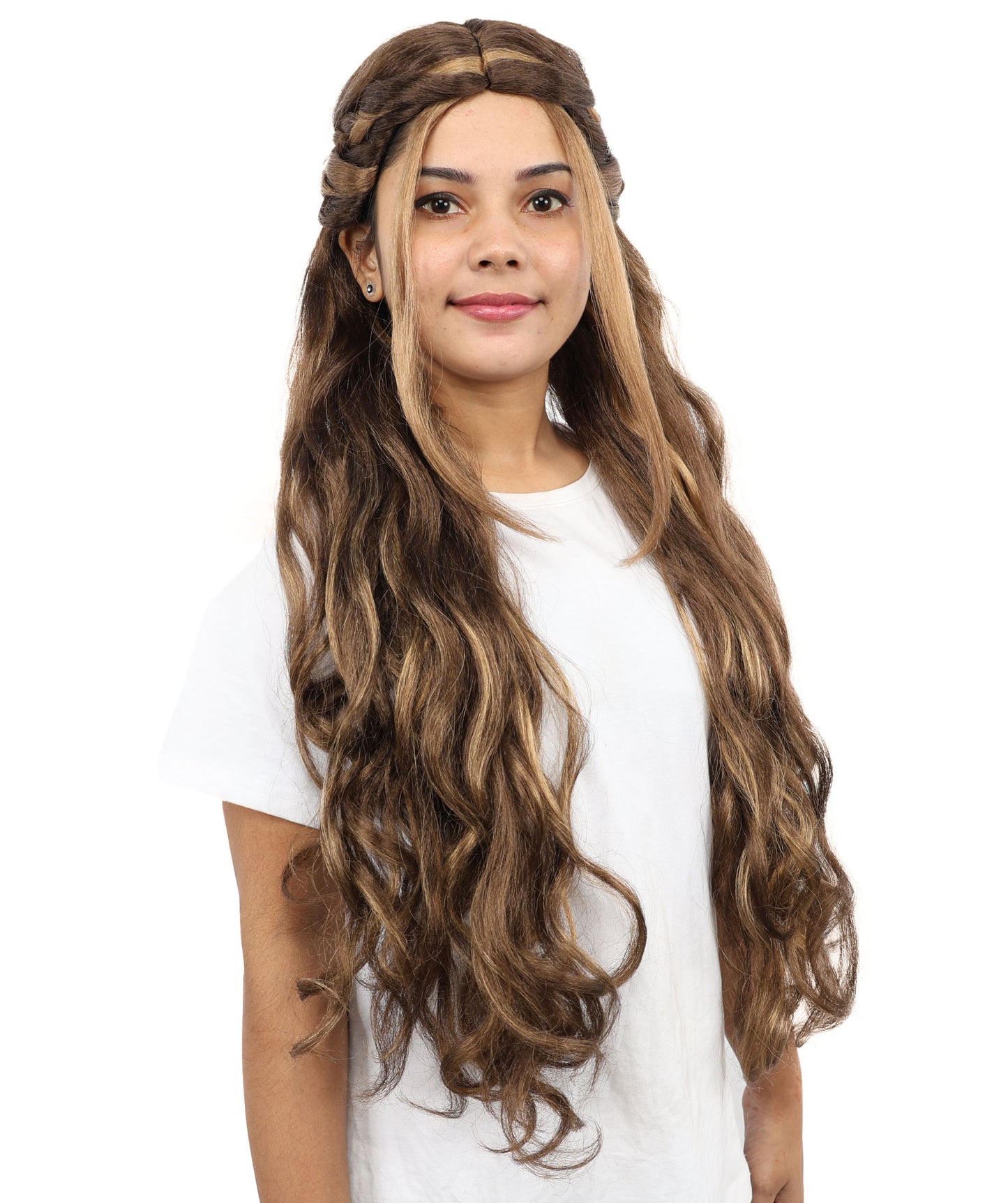 HPO Women's Brunette Braided Wig | Extra Long Synthetic Hairpiece with Adjustable Cap for Cosplay, Halloween, Parties, Stage & Roleplay