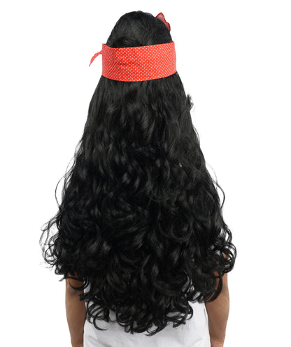 HPO Women’s Black Retro Beehive Wig with Red Bow | Extra Long Wavy Fancy Dress Accessory | Fancy Dress Accessory | Celebrity-Inspired Hair for Halloween, Cosplay & Music Tribute Parties