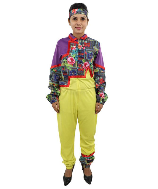 HPO Women’s 80s Tracksuit Multicolor Costume – Retro Zip Up Top & Pants with Headband | Party Outfit for Cosplay & Themed Events