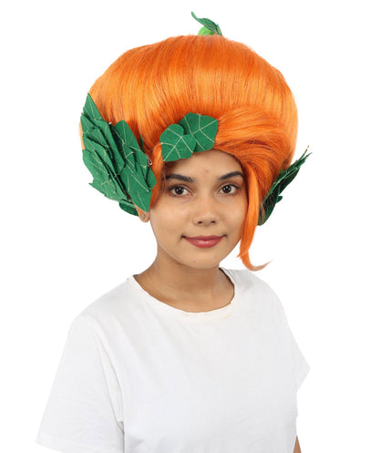 HPO Adult Women's Sculpted Pumpkin Show Wig | Multiple Color Options | Create of synthetic fiber, massive spherical updo with green leaf accents, breathable base | Halloween, theater, drag, performance, party, costume events