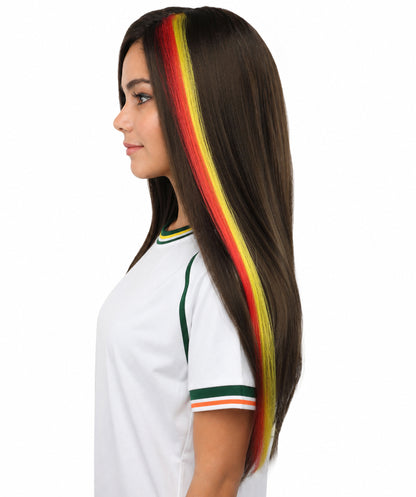 HPO Women's Spanish Clip-in Hair Extension | Sleek straight red and yellow synthetic fibers featuring a secure snap attachment | Ideal for party, Halloween, cosplay, theater, drag, performance, costume events