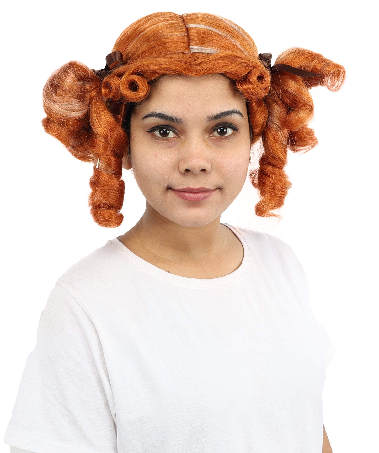 HPO Women's Golden White Mixed Curly Pigtail Wig | Messy Ringlet Twin Tails with Attached Fabric Ribbons, Synthetic Fiber & Breathable Cap | Halloween, Movie Character Roleplay, Costume Party & Theater