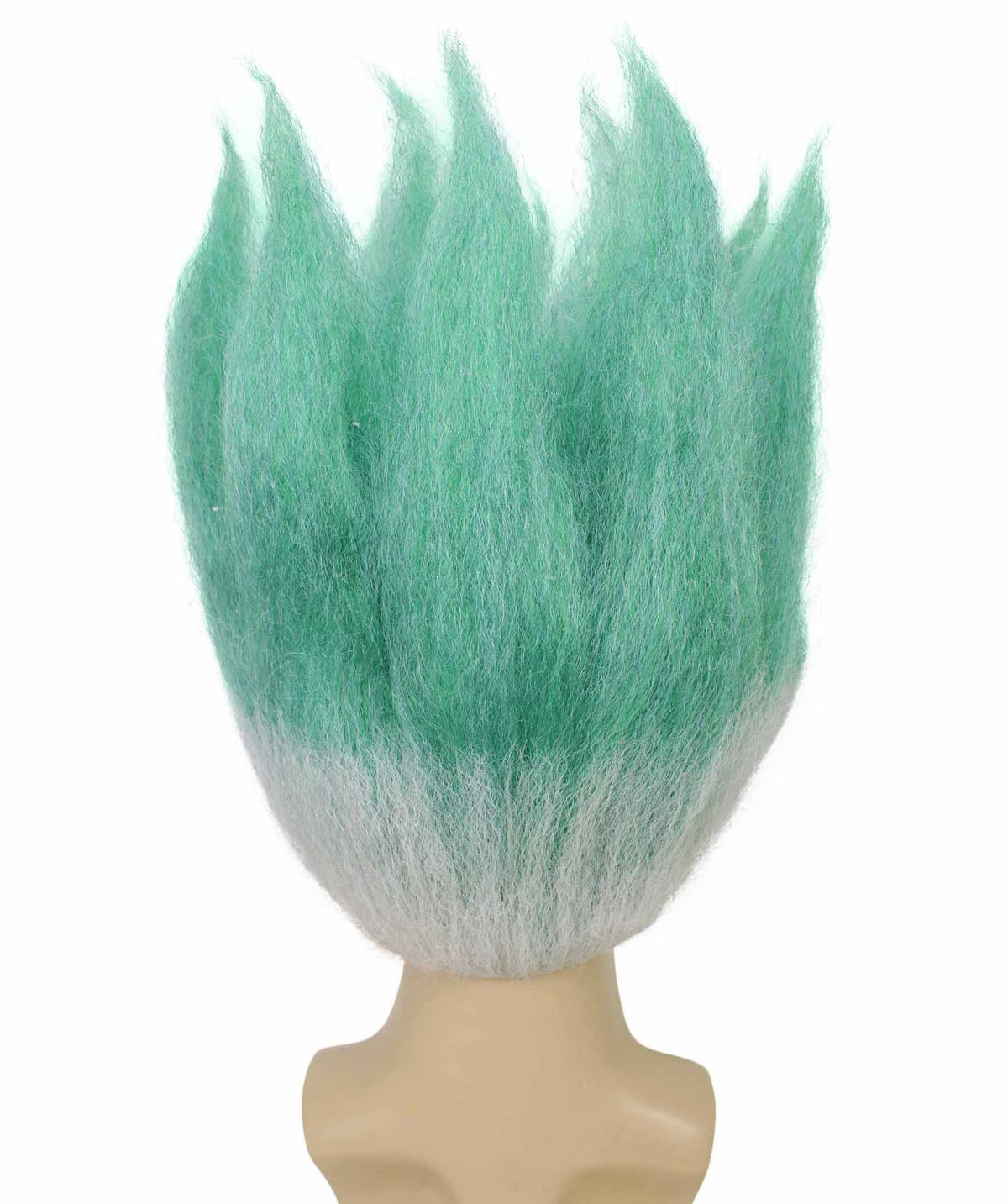 HPO Women's Spiky Anime Wig with Tall Upright Layers & Long Front Strands - White & Sea Green Spiky Wig with Long Front Strands Synthetic Fiber and Breathable Capless Cap for Halloween Cosplay Events