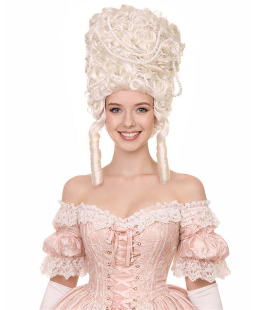 HPO Marie Antoinette Wig for Women – Tall White Baroque Wig with Curls – 18th Century French Rococo Costume Hair – Historical Queen Wig for Halloween, Theater, Masquerade, and Cosplay