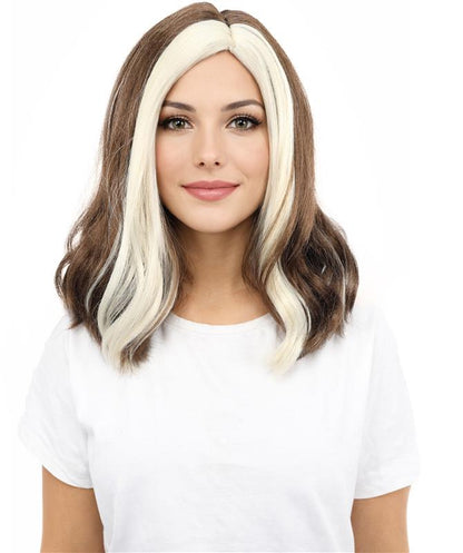 HPO Women’s Brown and White Bang Wig Front Streak | Mid-Length Executive Style | Ideal for Costume Parties, Cosplay, & Halloween Performances