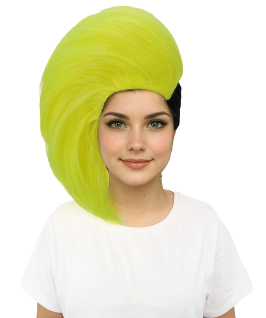 HPO Women's Neon Swept Wave Wig | Fluorescent yellow and solid black, create of synthetic fiber, massive side-swept volume with smooth texture, breathable base | Party, Halloween, theater, drag, performance, costume events