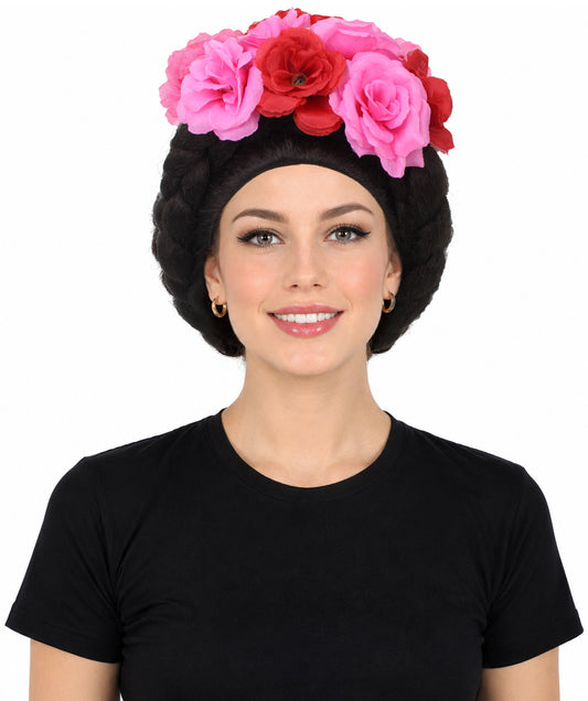 HPO  Women’s Mexican Artist Black / Pink Floral Braided Wig