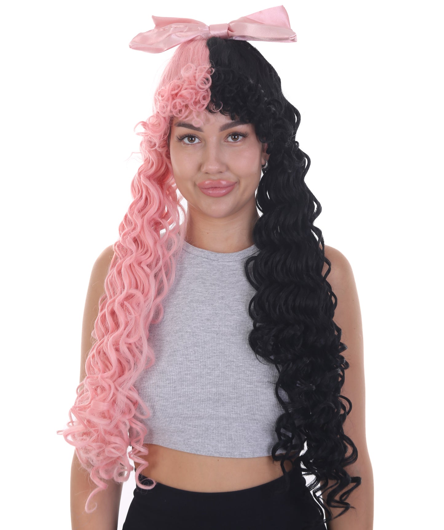 Women's Extra Long High Ponytail in Bubblegum Pink and Black Split Dye - Wavy Adult Lace Wig | Nunique