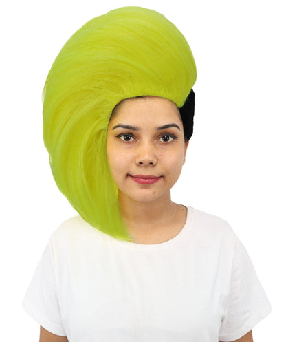 HPO Women's Neon Swept Wave Wig | Fluorescent yellow and solid black, create of synthetic fiber, massive side-swept volume with smooth texture, breathable base | Party, Halloween, theater, drag, performance, costume events