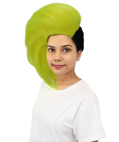 HPO Women's Neon Swept Wave Wig | Fluorescent yellow and solid black, create of synthetic fiber, massive side-swept volume with smooth texture, breathable base | Party, Halloween, theater, drag, performance, costume events