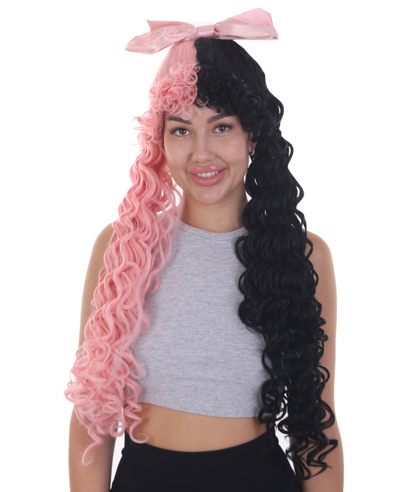 Women's Extra Long High Ponytail in Bubblegum Pink and Black Split Dye - Wavy Adult Lace Wig | Nunique