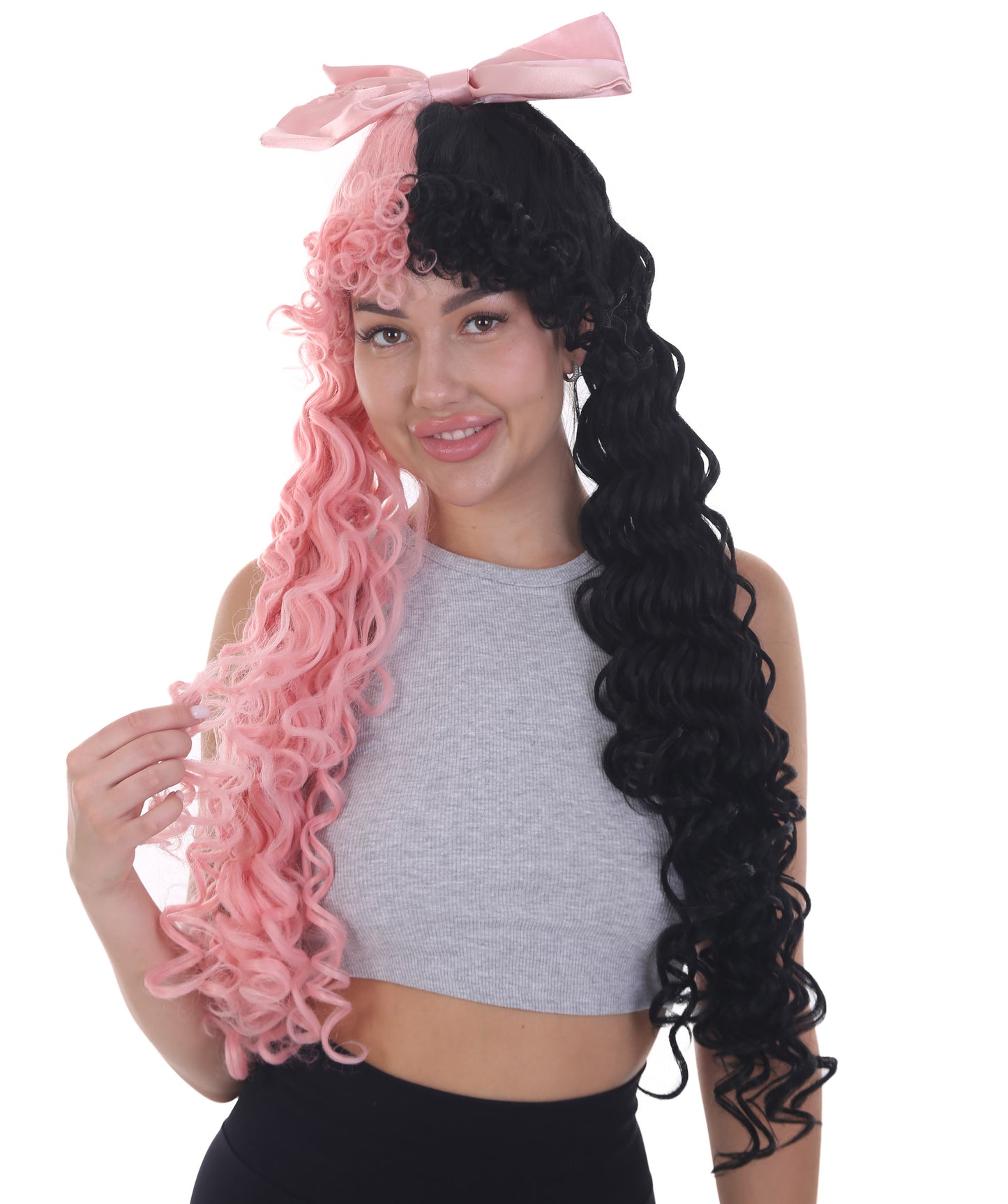 Women's Extra Long High Ponytail in Bubblegum Pink and Black Split Dye - Wavy Adult Lace Wig | Nunique