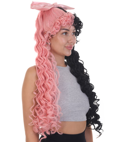Women's Extra Long High Ponytail in Bubblegum Pink and Black Split Dye - Wavy Adult Lace Wig | Nunique