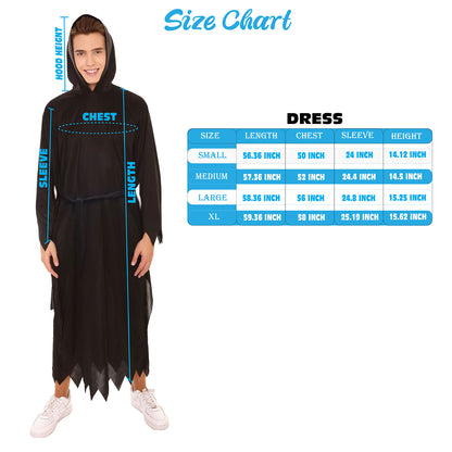 HPO Men's Horror Slasher Killer Hooded Robe 2 Pc Costume , Black Halloween Costume