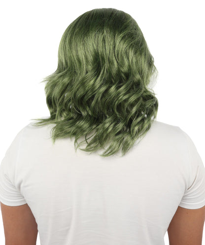 HPO Long Length Olive Green Cosplay Wig – Adult Styled Costume Wavy Hairpiece - Ideal for Halloween, Parties & Photo Shoots