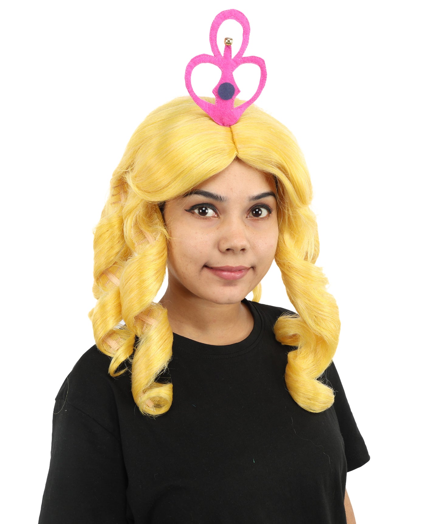 HPO Women's Magical Fairy Princess Wig | 13 Inch Yellow Sausage Curls Pink Tiara | Party Halloween Cosplay Theater Movie Costume Events