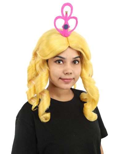 HPO Women's Magical Fairy Princess Wig | 13 Inch Yellow Sausage Curls Pink Tiara | Party Halloween Cosplay Theater Movie Costume Events