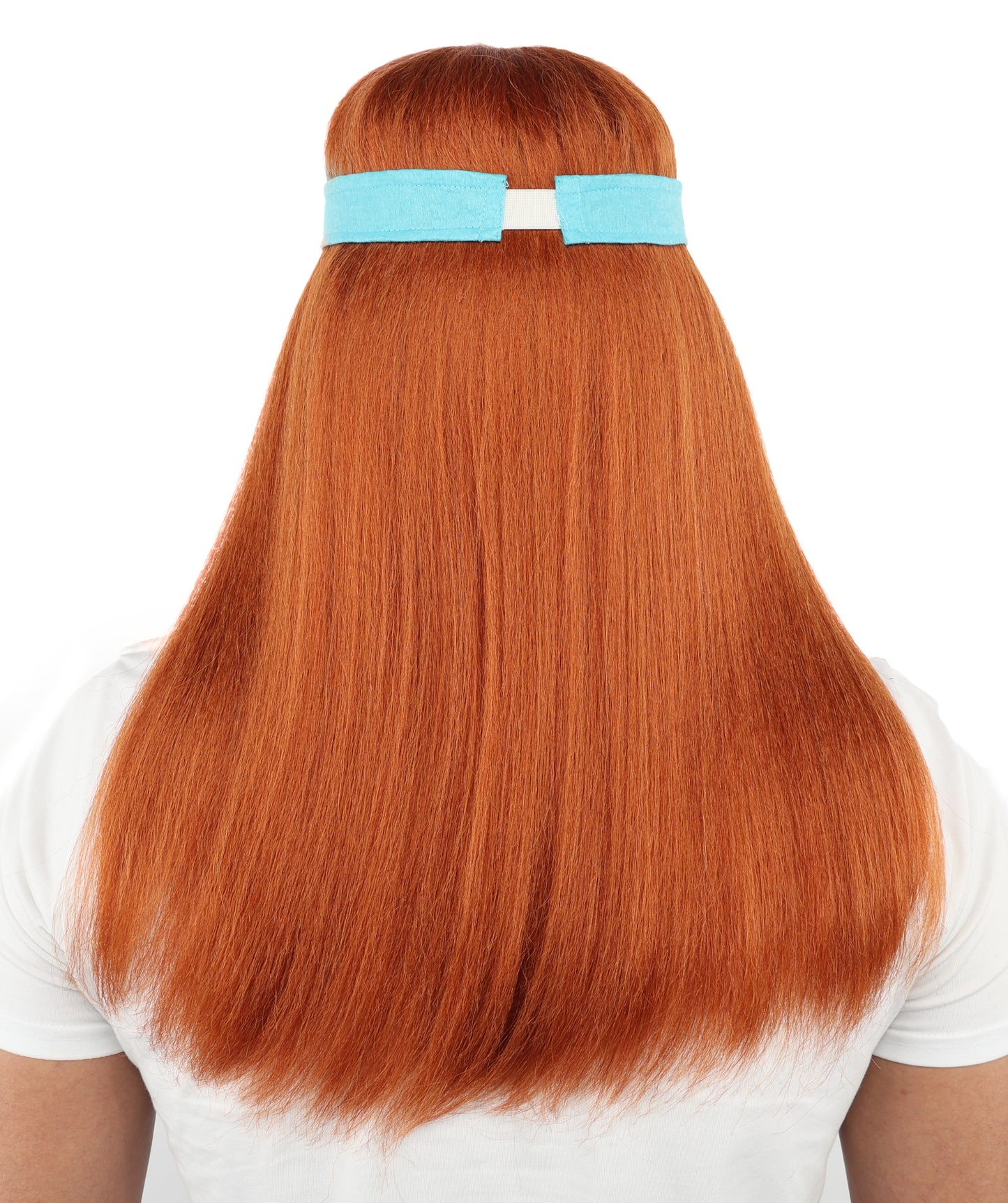HPO Men's Long Auburn Wig with Headband | Straight Reddish Texture with Blunt Bangs & Included Teal Band, Heat Resistant Fiber | Halloween, Troll Roleplay, Fantasy Party, Carnival & Theater