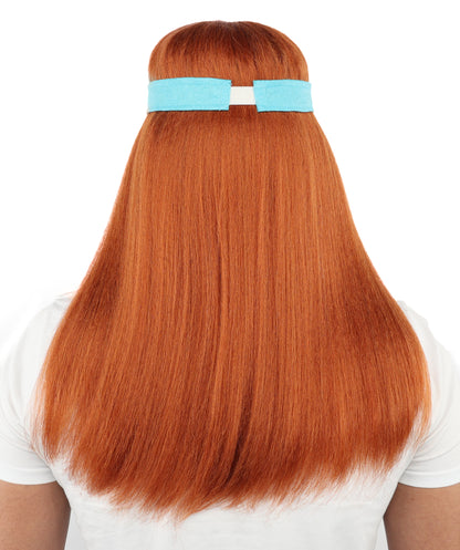 HPO Men's Long Auburn Wig with Headband | Straight Reddish Texture with Blunt Bangs & Included Teal Band, Heat Resistant Fiber | Halloween, Troll Roleplay, Fantasy Party, Carnival & Theater