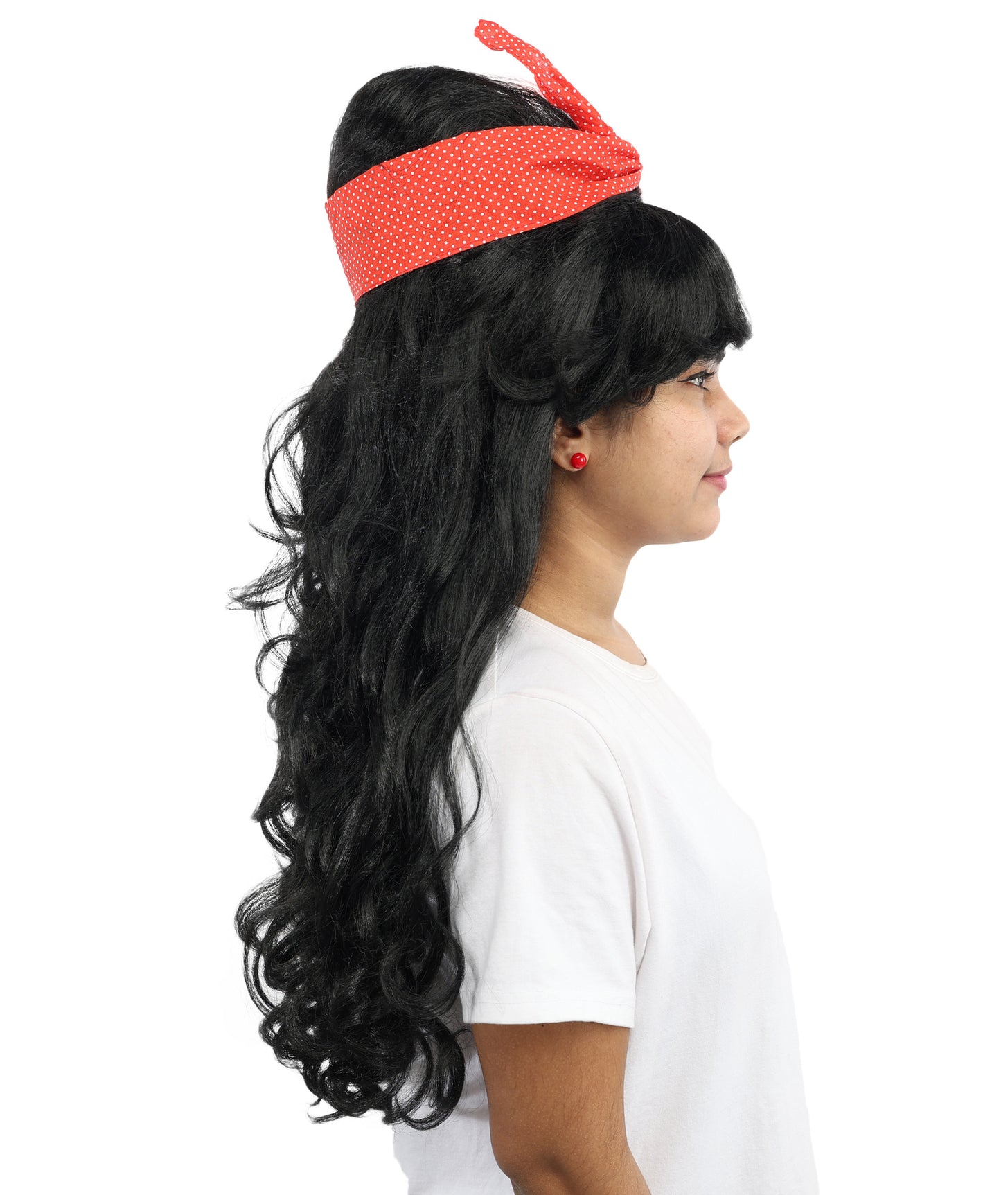 HPO Women’s Black Retro Beehive Wig with Red Bow | Extra Long Wavy Fancy Dress Accessory | Fancy Dress Accessory | Celebrity-Inspired Hair for Halloween, Cosplay & Music Tribute Parties