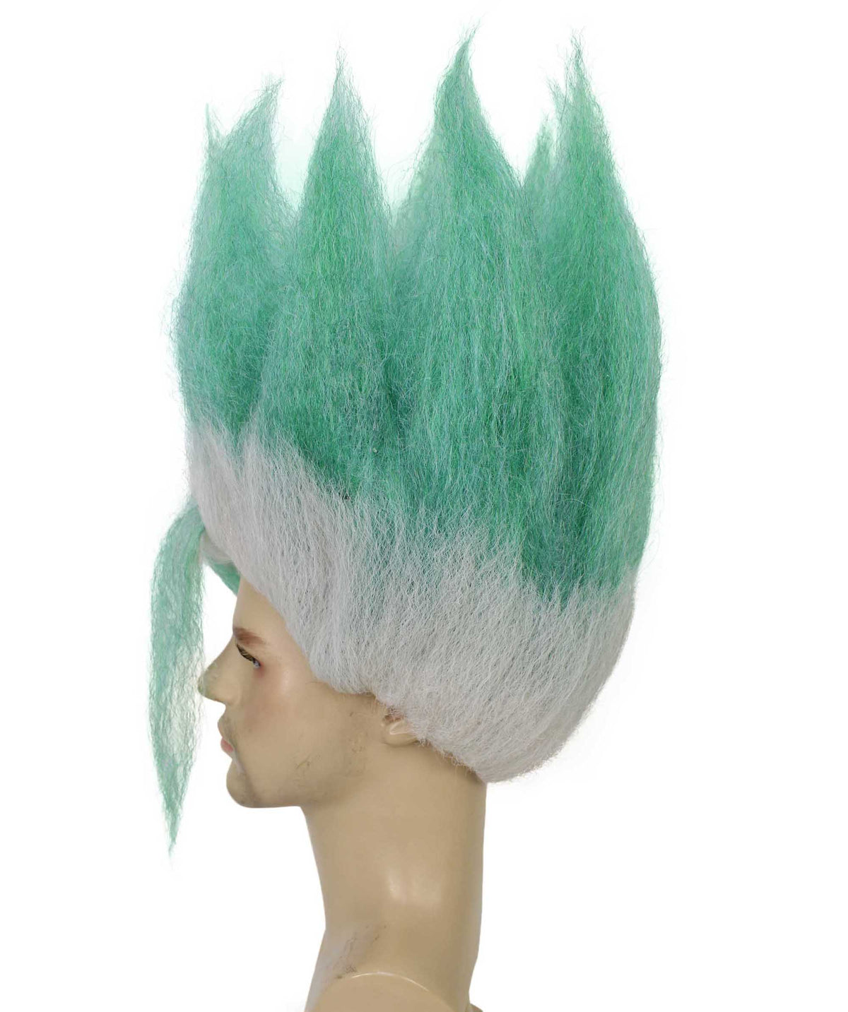 HPO Women's Spiky Anime Wig with Tall Upright Layers & Long Front Strands - White & Sea Green Spiky Wig with Long Front Strands Synthetic Fiber and Breathable Capless Cap for Halloween Cosplay Events