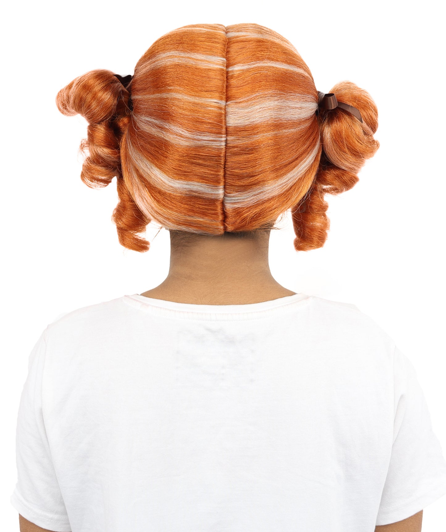 HPO Women's Golden White Mixed Curly Pigtail Wig | Messy Ringlet Twin Tails with Attached Fabric Ribbons, Synthetic Fiber & Breathable Cap | Halloween, Movie Character Roleplay, Costume Party & Theater