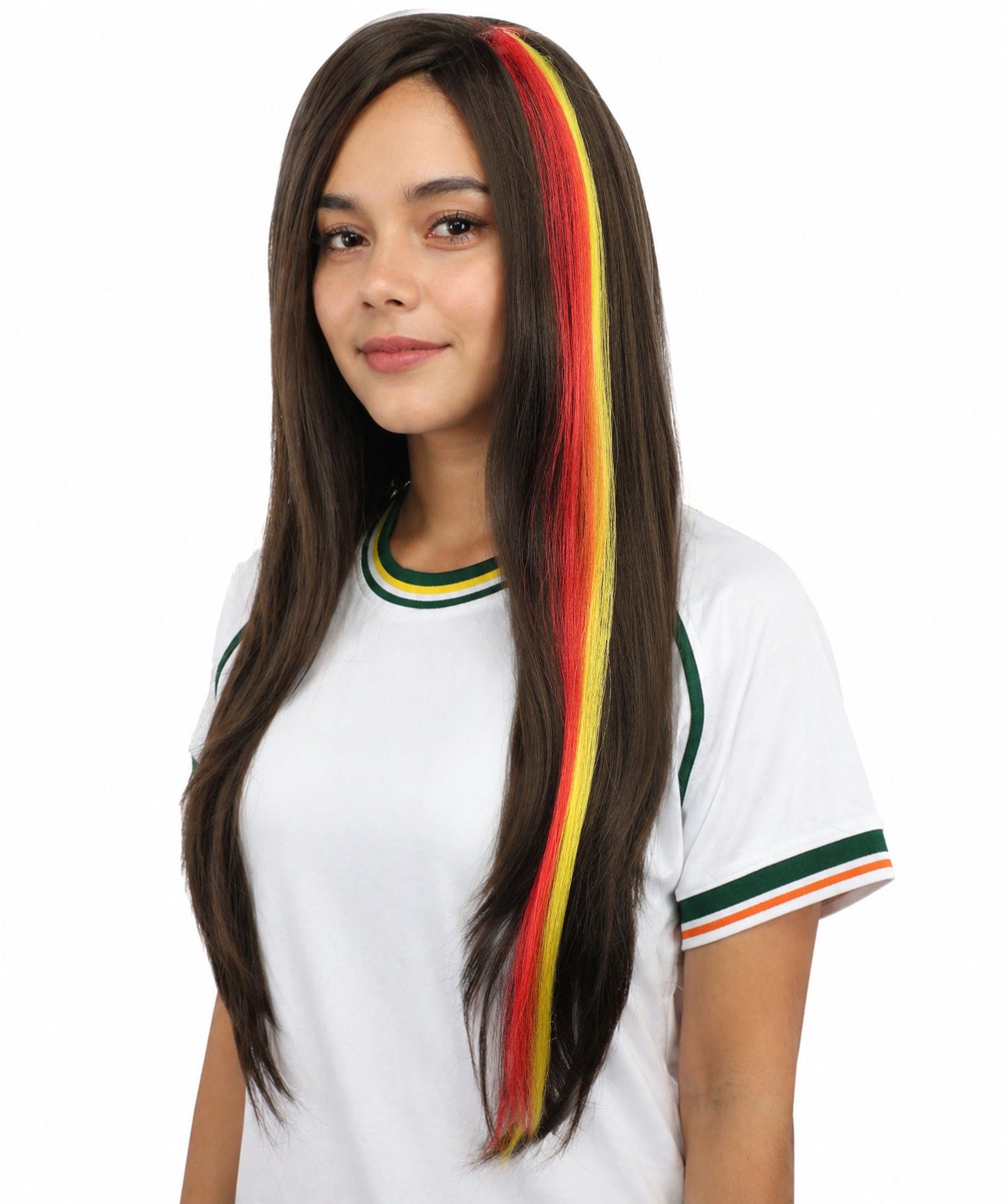 HPO Women's Spanish Clip-in Hair Extension | Sleek straight red and yellow synthetic fibers featuring a secure snap attachment | Ideal for party, Halloween, cosplay, theater, drag, performance, costume events