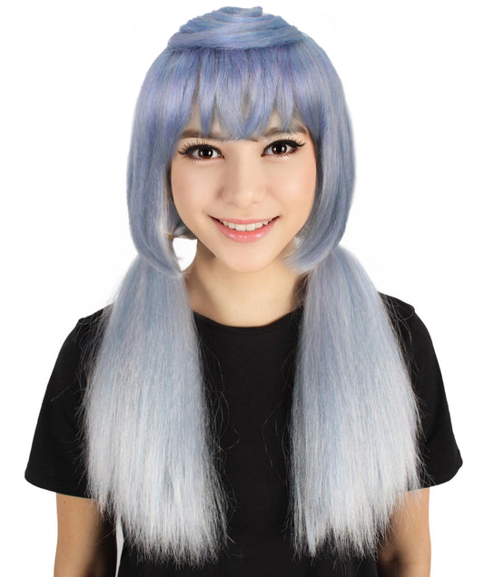 HPO Women's Long Light Blue Straight Ponytail Gaming Wig| Perfect for Halloween| Flame retardant Synthetic Fiber
