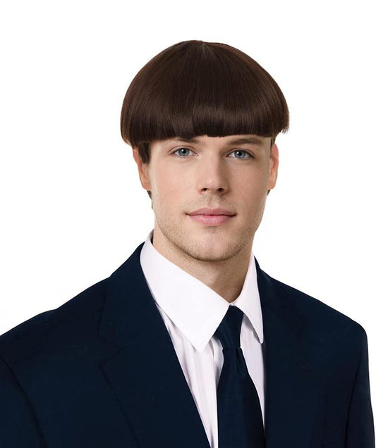 HPO Men's 9" Inch Short Length Halloween Classic Moe Retro Bowl Cut Costume Wig, Multiple Color Synthetic Soft Fiber Hair, Perfect for your next Festival