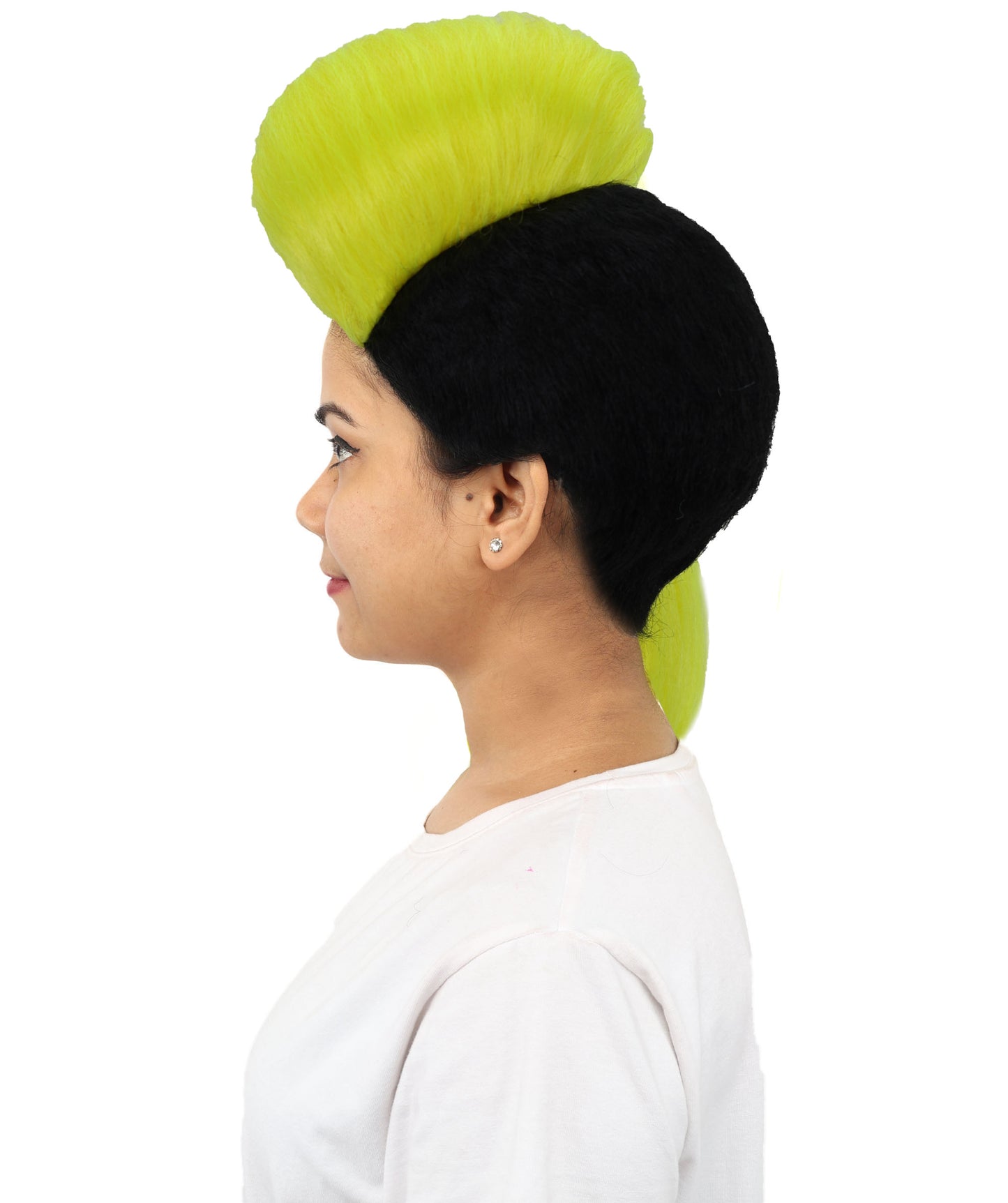 HPO Women's Neon Swept Wave Wig | Fluorescent yellow and solid black, create of synthetic fiber, massive side-swept volume with smooth texture, breathable base | Party, Halloween, theater, drag, performance, costume events
