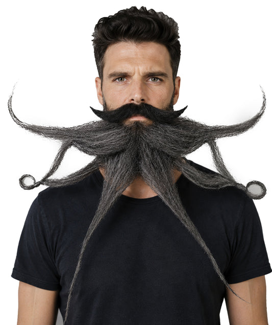 HPO Men's Novelty Scissor Beard and Mustache Set | Black & Grey Quirky Steampunk Barber Facial Hair Costume Accessory | Halloween Mad Stylist Cosplay Stage Performance Theatrical Hairpiece