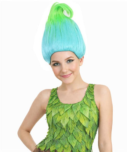 HPO Women’s Bluish Troll Wig – Green & Blue Fantasy Costume Wig for Adults – Capless Cosplay Hairpiece with Breathable Fit