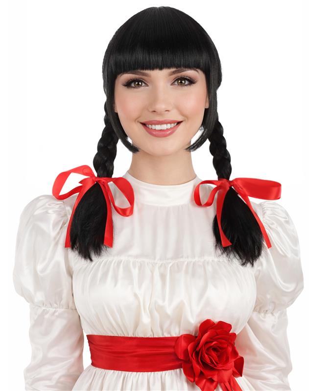 Animated Movie Horror Doll | Brown Braided Pigtails with Red Ribbons Movie Icon Wig | Premium Halloween Wig
