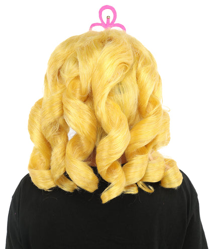 HPO Women's Magical Fairy Princess Wig | 13 Inch Yellow Sausage Curls Pink Tiara | Party Halloween Cosplay Theater Movie Costume Events