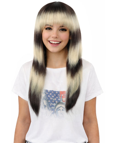 HPO Layered Straight Ombre Wig - Dark Brown and Dark Blonde Hair with Bangs - Stylish Gradient Hairpiece for Cosplay, Parties, Events & Halloween