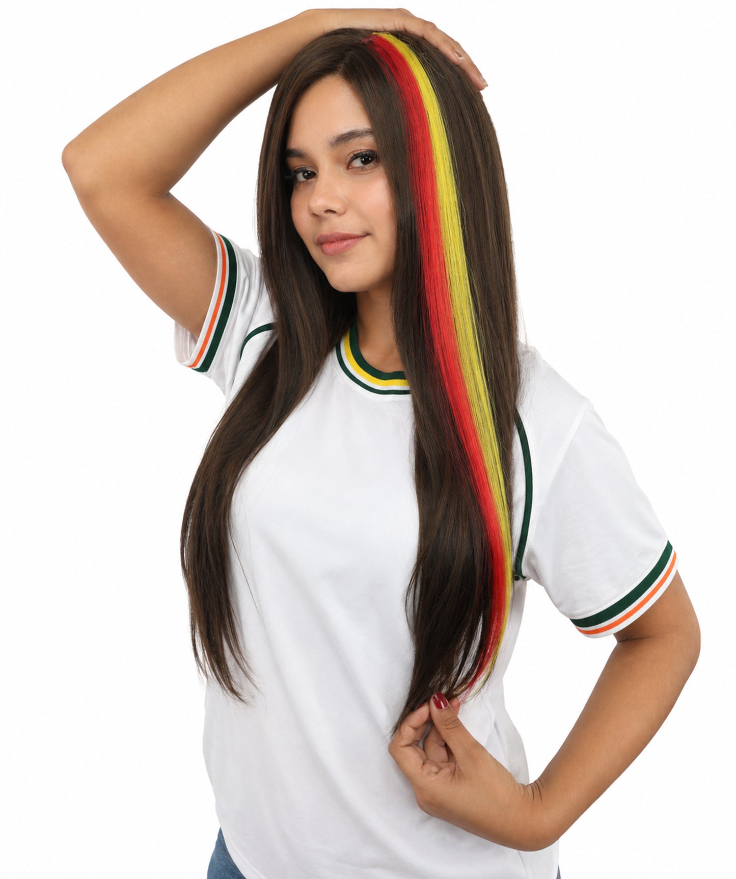 HPO Women's Spanish Clip-in Hair Extension | Sleek straight red and yellow synthetic fibers featuring a secure snap attachment | Ideal for party, Halloween, cosplay, theater, drag, performance, costume events
