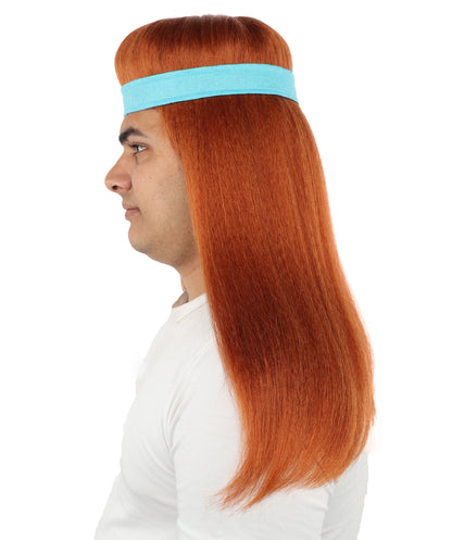 HPO Men's Long Auburn Wig with Headband | Straight Reddish Texture with Blunt Bangs & Included Teal Band, Heat Resistant Fiber | Halloween, Troll Roleplay, Fantasy Party, Carnival & Theater