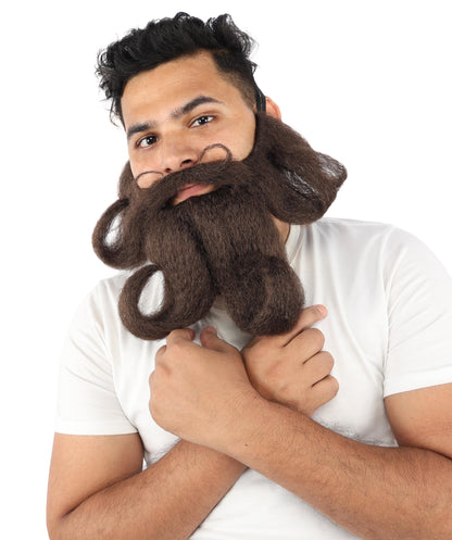 Adult Men's Curled Handlebar Mustache & Beard | Dark Mustache & Beard| Ideal for Halloween, Cosplay, Theater, Drag And Themed Parties