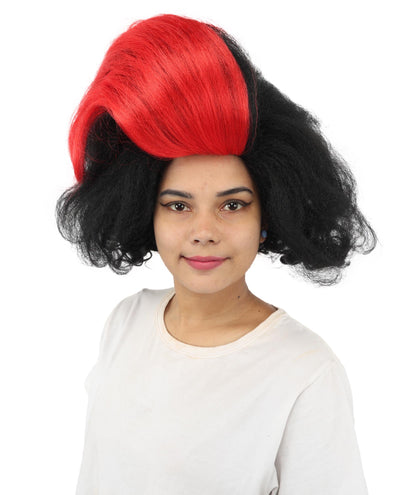 Adult Women’s Long Curly Black & Red Retro Wig | Flame-Retardant Costume Wig with Breathable Cap | Ideal for Halloween, Cosplay & Themed Events