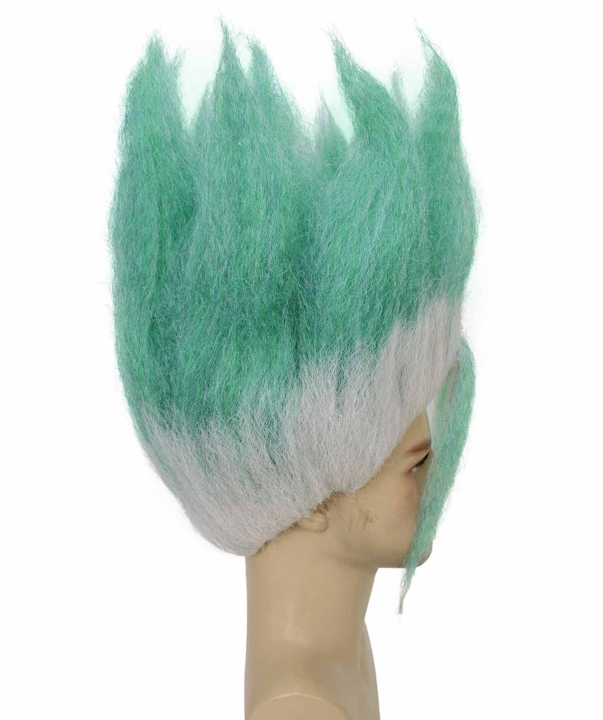 HPO Women's Spiky Anime Wig with Tall Upright Layers & Long Front Strands - White & Sea Green Spiky Wig with Long Front Strands Synthetic Fiber and Breathable Capless Cap for Halloween Cosplay Events