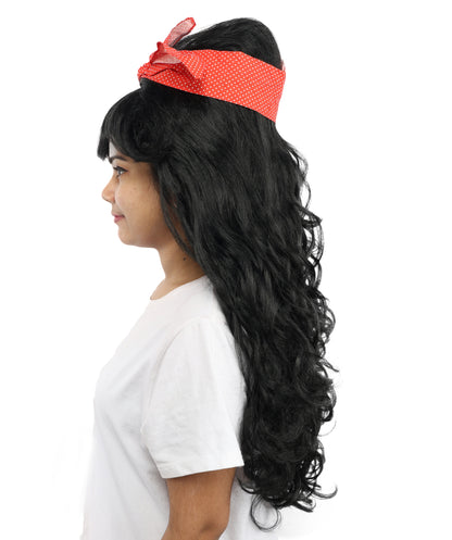 HPO Women’s Black Retro Beehive Wig with Red Bow | Extra Long Wavy Fancy Dress Accessory | Fancy Dress Accessory | Celebrity-Inspired Hair for Halloween, Cosplay & Music Tribute Parties