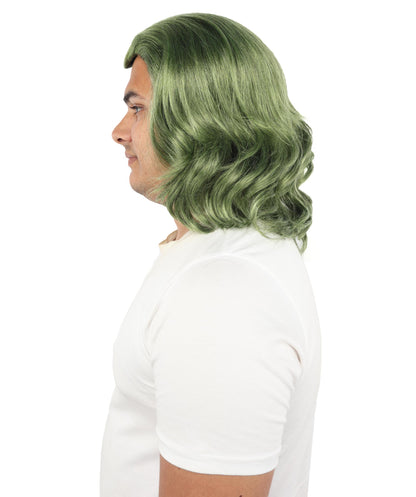 HPO Long Length Olive Green Cosplay Wig – Adult Styled Costume Wavy Hairpiece - Ideal for Halloween, Parties & Photo Shoots