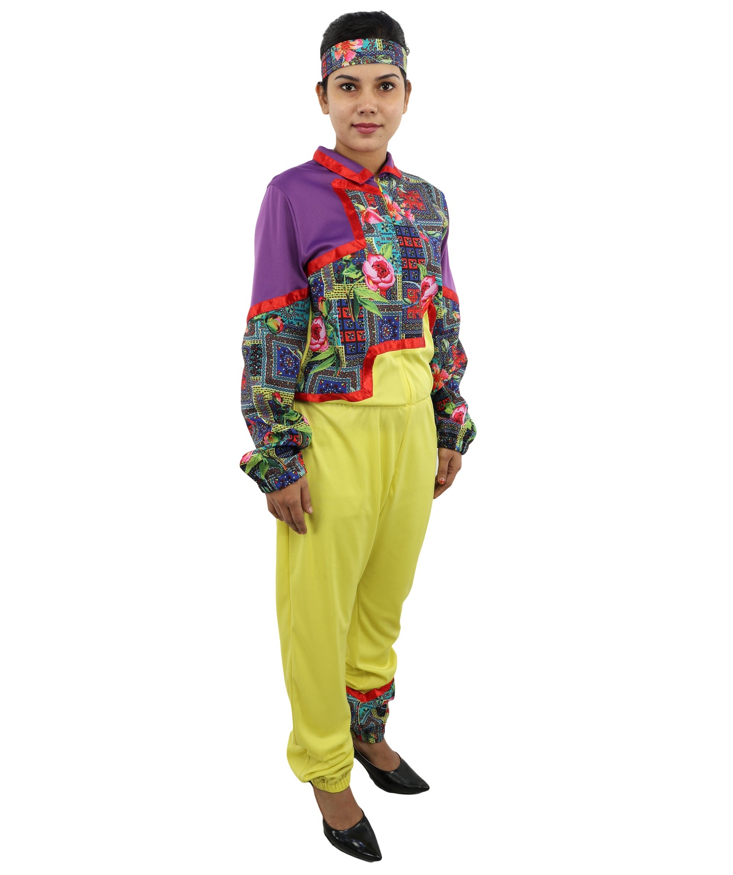 HPO Women’s 80s Tracksuit Multicolor Costume – Retro Zip Up Top & Pants with Headband | Party Outfit for Cosplay & Themed Events