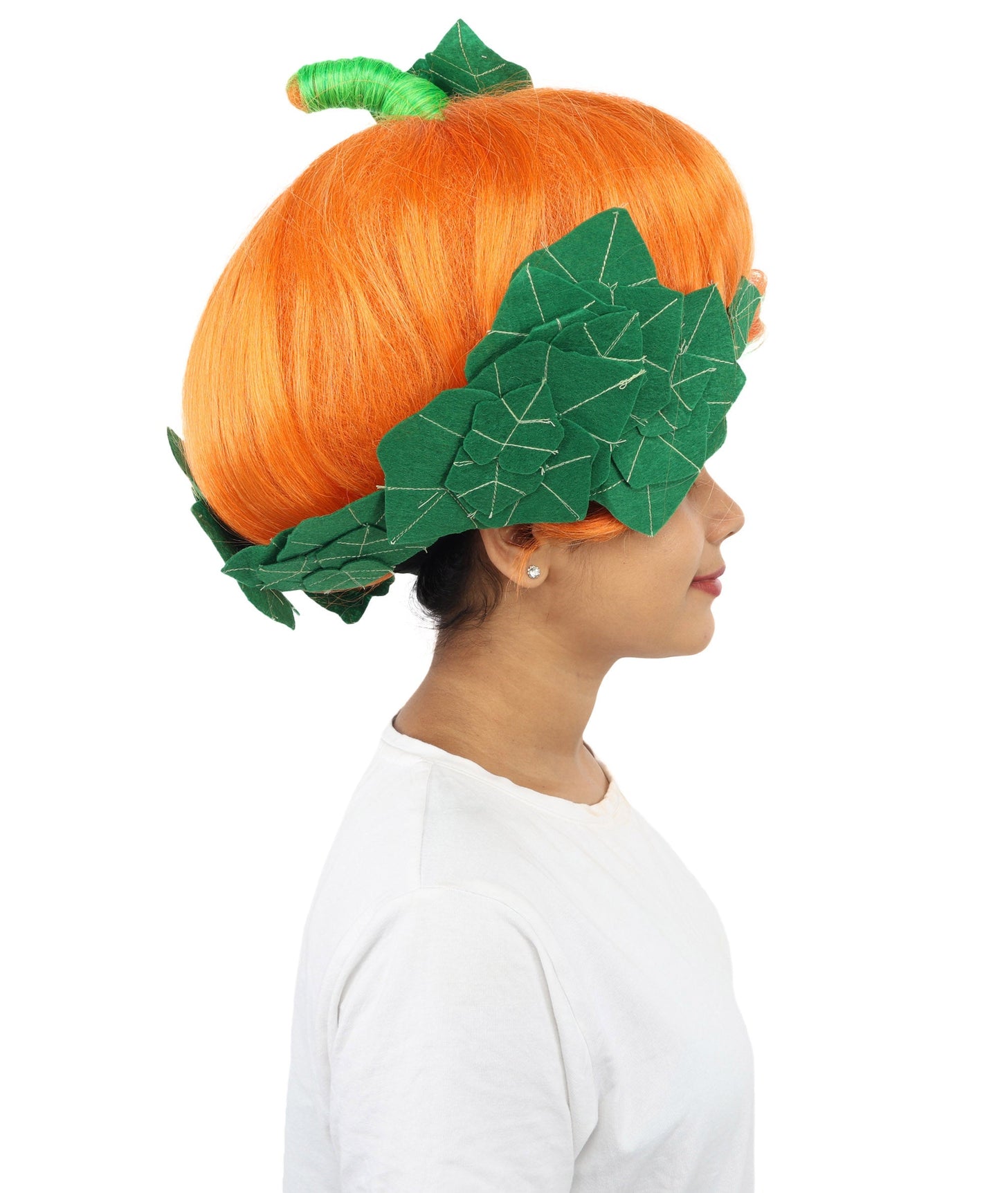 HPO Adult Women's Sculpted Pumpkin Show Wig | Multiple Color Options | Create of synthetic fiber, massive spherical updo with green leaf accents, breathable base | Halloween, theater, drag, performance, party, costume events