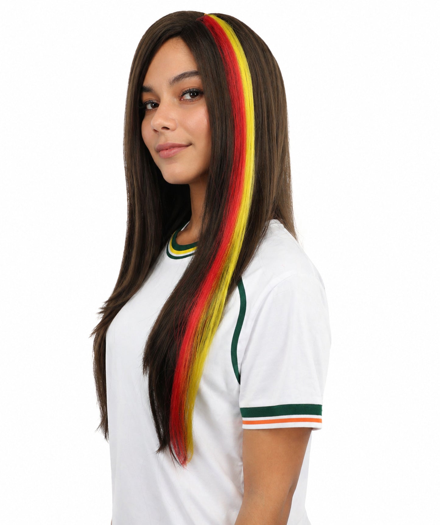 HPO Women's Spanish Clip-in Hair Extension | Sleek straight red and yellow synthetic fibers featuring a secure snap attachment | Ideal for party, Halloween, cosplay, theater, drag, performance, costume events