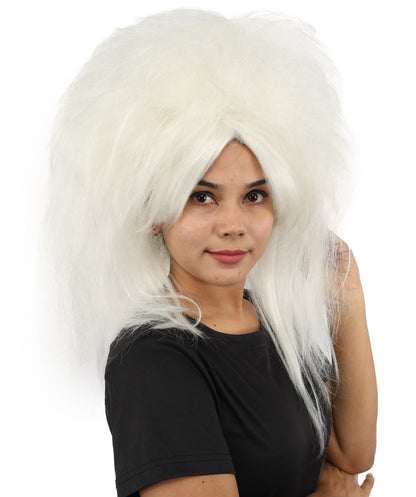 HPO Women's Wild Frizzy Wig | Pure white, created of flame-retardant synthetic fiber, massive teased volume, capless base | Drag, Halloween, theatrical performance, costume events