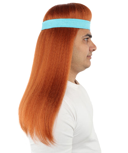 HPO Men's Long Auburn Wig with Headband | Straight Reddish Texture with Blunt Bangs & Included Teal Band, Heat Resistant Fiber | Halloween, Troll Roleplay, Fantasy Party, Carnival & Theater