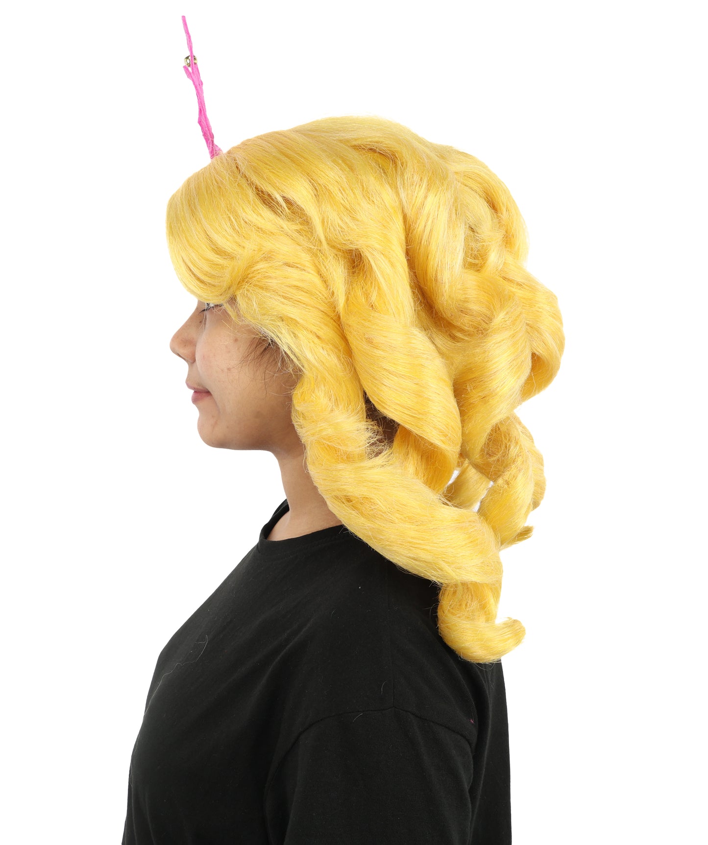 HPO Women's Magical Fairy Princess Wig | 13 Inch Yellow Sausage Curls Pink Tiara | Party Halloween Cosplay Theater Movie Costume Events